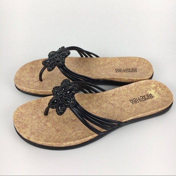 Kenneth Cole Women Glam In Bloom Black Beaded Flower Summer Sandals Flip Flops 8 - Picture 5 of 9
